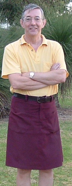 Steven in maroon skirt
